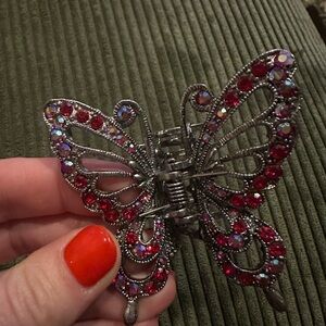 Red Gem Butterfly Hair Clip, Antique